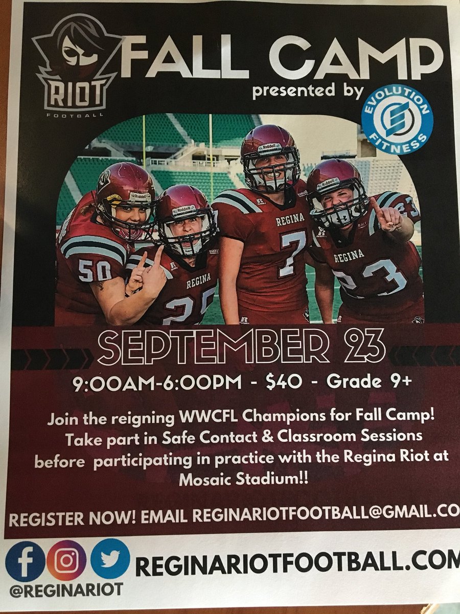 U of R KHSS (@uofrkhss) on Twitter photo Join the <a href="/ReginaRiot/">Regina Riot Football</a> for their Fall Camp on September 23rd! To register, please email reginariotfootball@gmail.com! Join the <a href="/ReginaRiot/">Regina Riot Football</a> for their Fall Camp on September 23rd! To register, please email reginariotfootball@gmail.com!