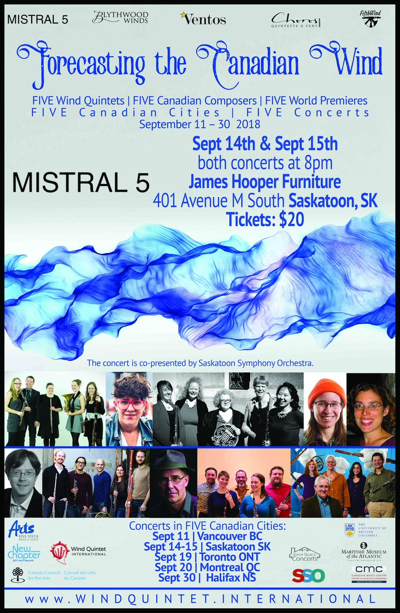BlythwoodWinds's tweet photo. TONIGHT & TOMORROW catch the Saskatoon show at James Hopper Furniture or watch the live stream of Forecasting the Canadian Wind concert by @Mistral5yxe @SSOyxe Sept 14-15th 8pm https://t.co/8jWq6H3z1V #forecastingcdnwind #councilnewchapter @WindQuintetINT @CanadaCouncil https://t.co/zph14GEVzY
