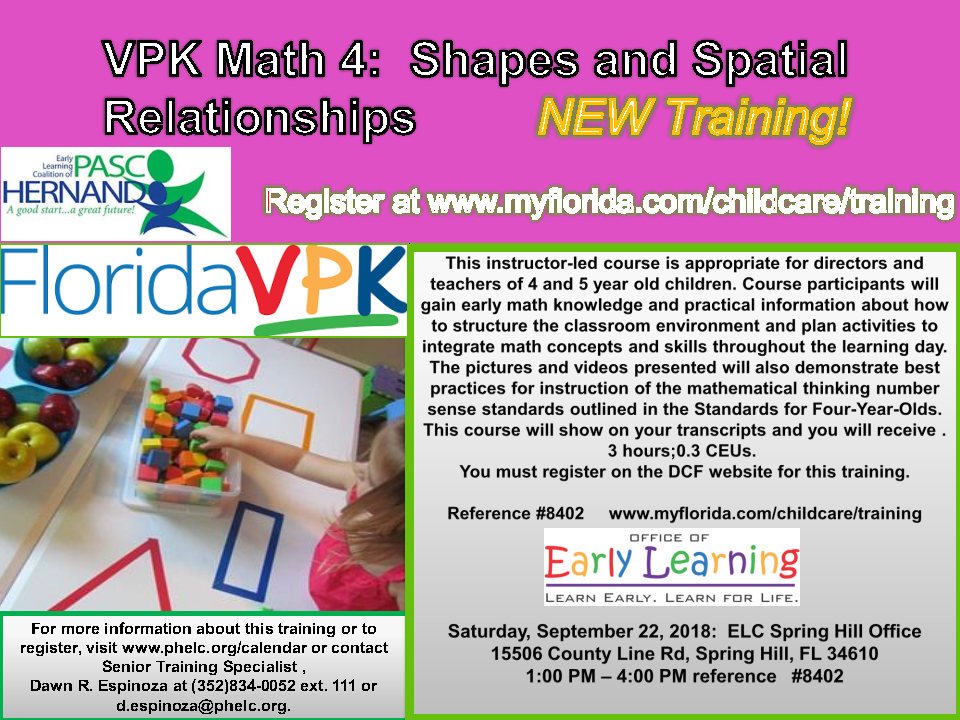 PHELC's tweet image. Register for September 22nd's training: VPK Math 4! Click the link to register: goo.gl/T74na 
VPK Math 3 is offered that morning. Make it a day for VPK Math and attend both! #TrainTrainTrain #Education #EarlyLearning