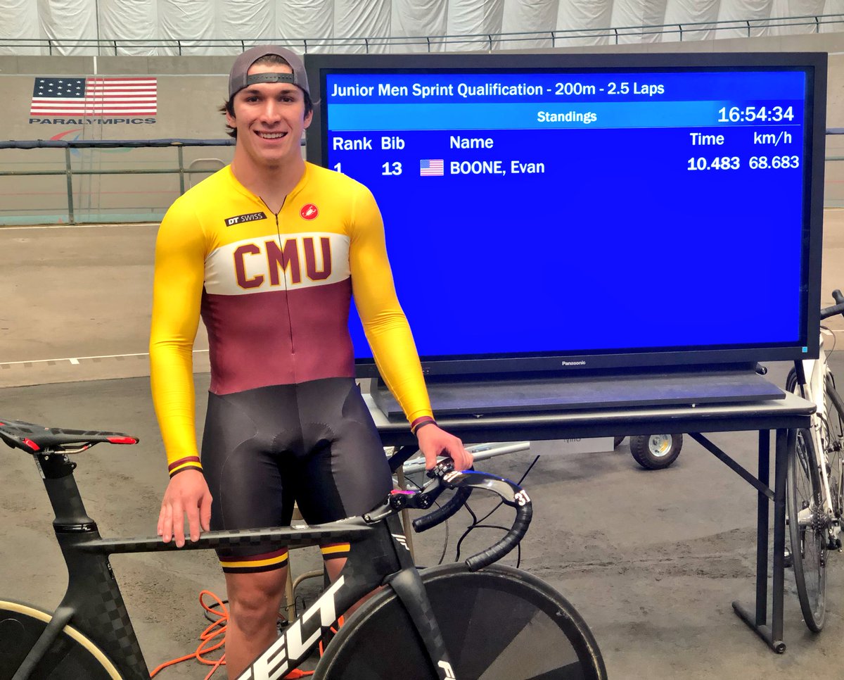 Evan Boone of <a href="/CyclingCMU/">CMU Cycling</a> sets the new Junior Men’s 17-18 flying 200m record with a 10.483!