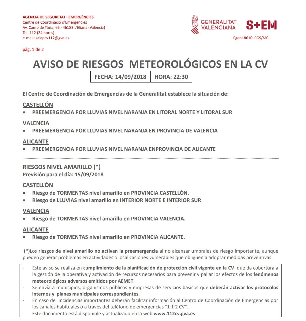⚠️🌧El Centre de Coordinació d'#Emergències estableix Preemergència per #pluges nivell taronja al litoral de #Castelló i a les províncies de València i Alacant.