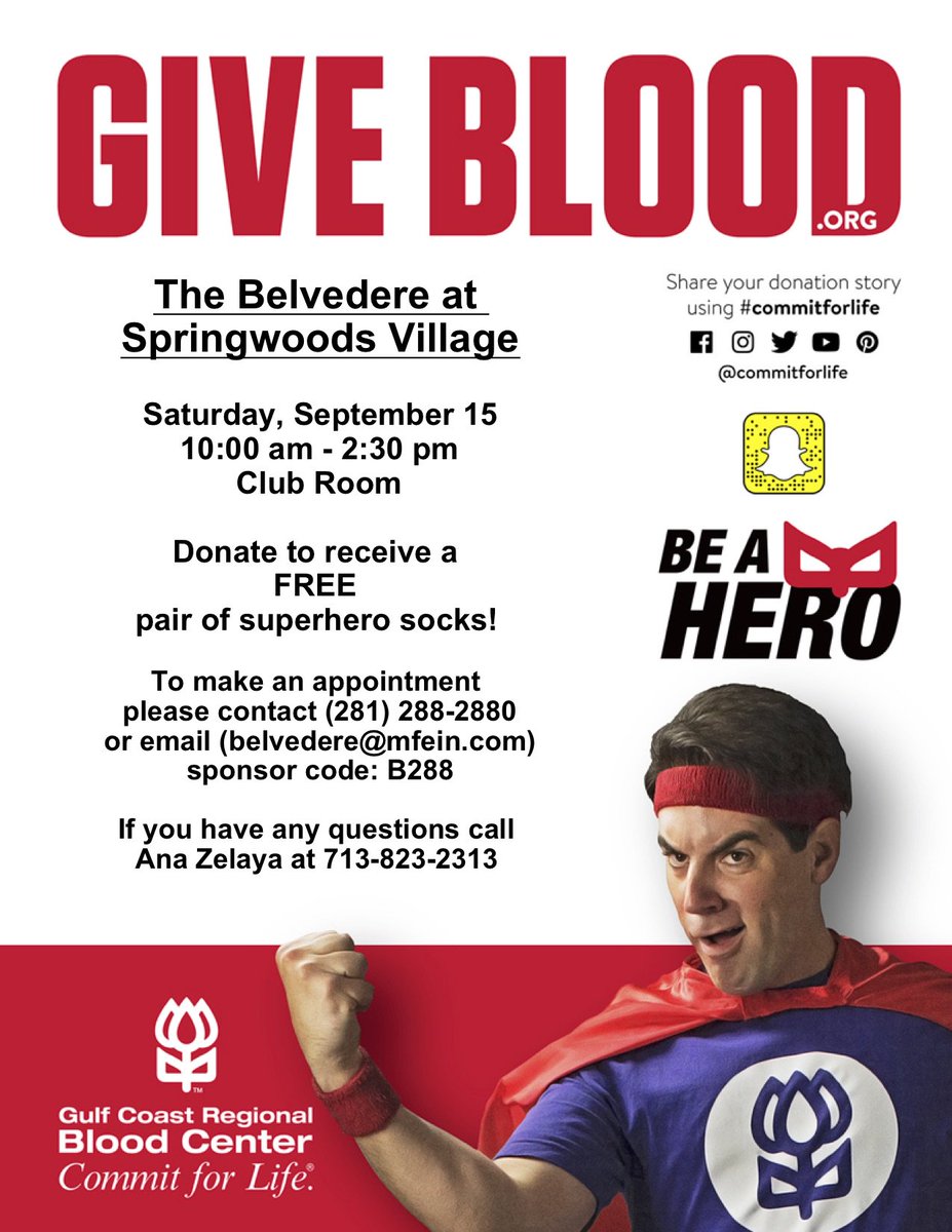 SpringwoodsVill's tweet photo. Join us at @belvederespring tomorrow from 10 am to 2:30 pm for your chance to be a hero and give blood with @commitforlife! #commitforlife #springwoodsvillage https://t.co/ajJ9snq143