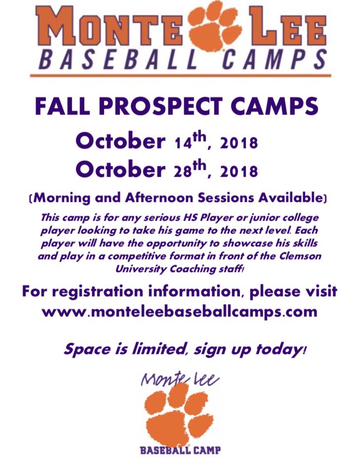 TigerBSBCamp's tweet photo. Our first ever Fall Prospect Camps with @ClemsonBaseball are here! Visit https://t.co/4XEw75mrR0 for more information and to sign up today! Spots are very limited so sign up fast! #clemson #camp https://t.co/DPbKIMD2HE