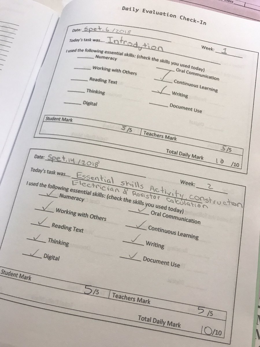OlmsteadMcphail's tweet photo. Our "Daily Lab Evaluations" and "Career Passports" ...checking that we're using our #EssentialSkills every class! #9atwork #BacktoSchool @SkillsManitoba @Skills_Canada https://t.co/W9kMtSlRtM