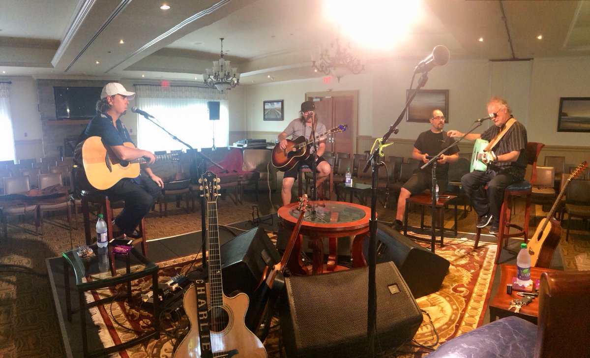 StringathonCAN's tweet photo. Stringathon founder, @charlieacourt joins Canadian songwriter icons @BruceGuthro, @MattMinglewood and @MylesGoodwyn for a sold out songwriters circle at @FoxHarbrResort tonight. #soundcheck https://t.co/W8KZY14Dee