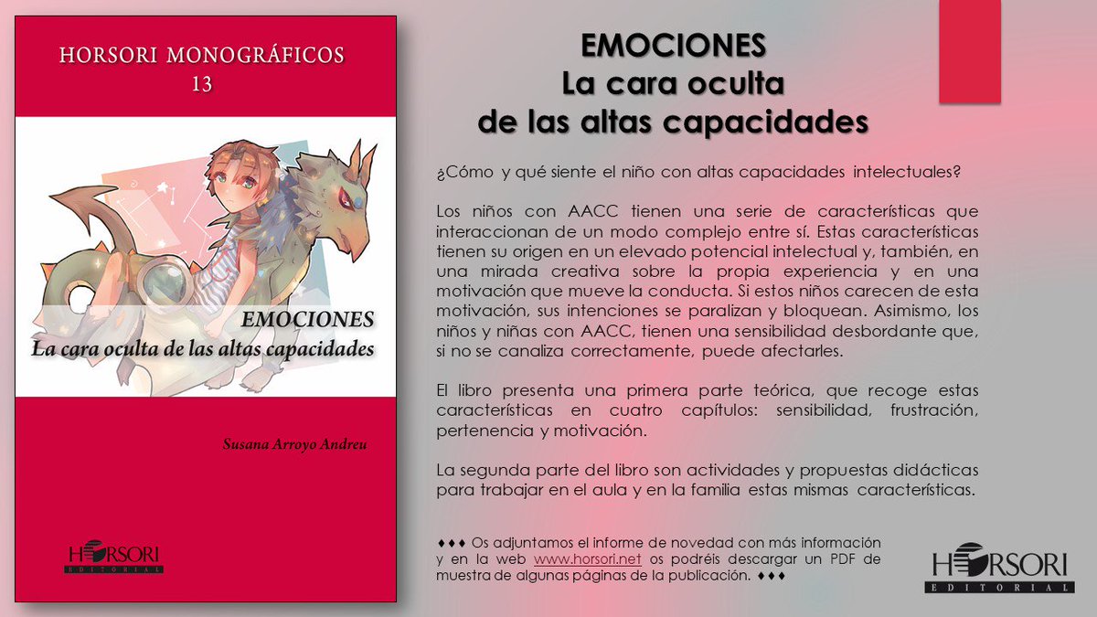 "EMOCIONES. LA CARA OCULTA DE LAS ALTAS CAPACIDADES" És un plaer poder-vos presentar el nou llibre publicat per la Susana Arroyo. Gràcies <a href="/Horsori/">Horsori Editorial</a> Editorial. #AltasCapacidades #emociones #LesEmocionsHoSonTot