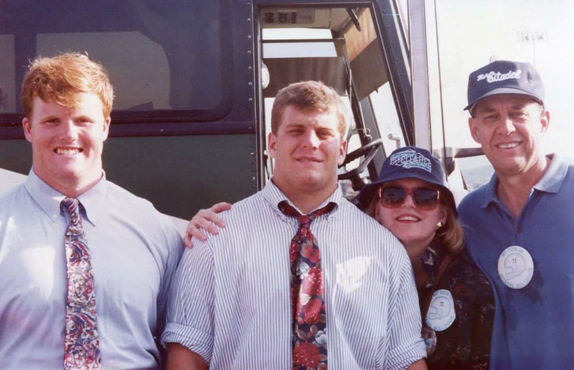 TlLance's tweet photo. Citadel 10 Arkansas 3 1992. Me and Carey Cash after the Game! Teammates for life! #bookends #pancakes #doubleteam #roadgrading https://t.co/dwFoZ2DTUc