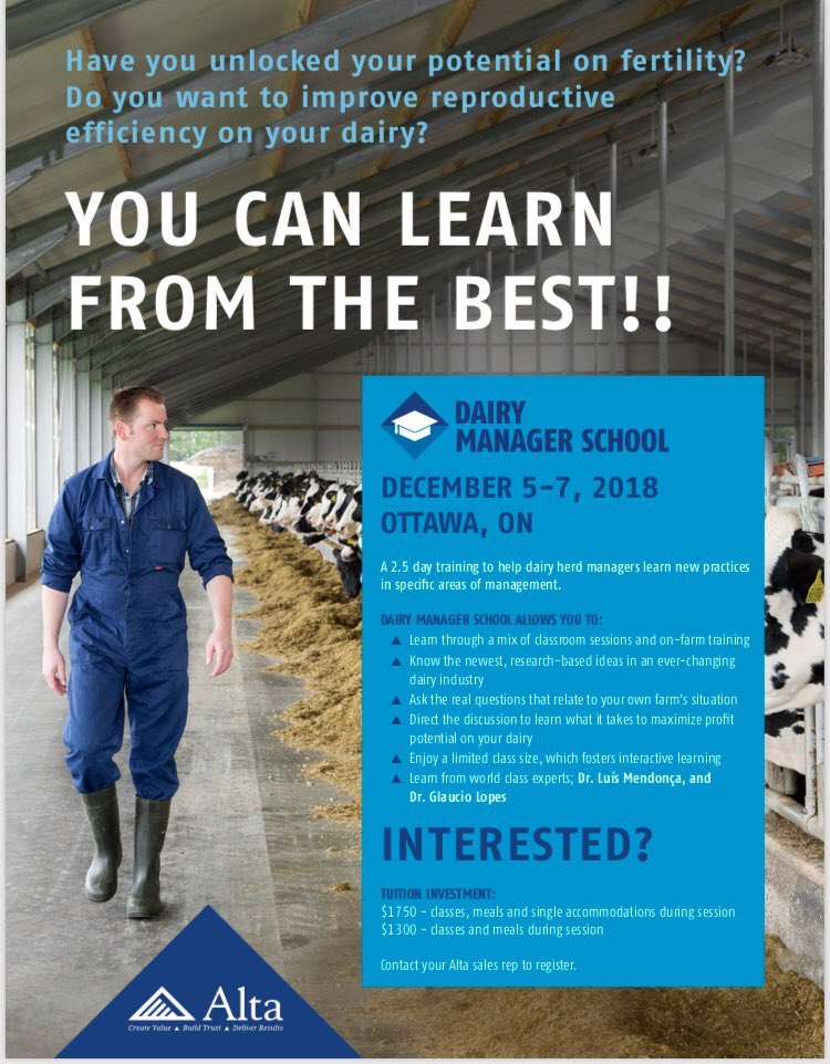 Join us for our next Alta Dairy Managers School!! Dec 5-7 2018, Book now through your Alta Rep   #dairylearning #AltaADVANTAGE #createmorepreg