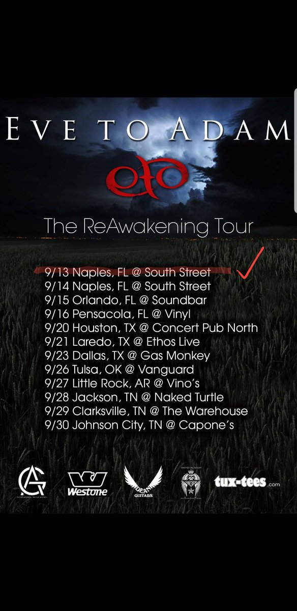 EVETOADAMMUSIC's tweet photo. Tour kick-off was great last night at #SouthstreetCity in Naples, Fl! We get to heat things up again there tonight with #CrowFly opening! We hit at 10- #ReAwakeningTour #EVETOADAM #Ithaca #CurtainCallRecords https://t.co/5x5hXqg1sl