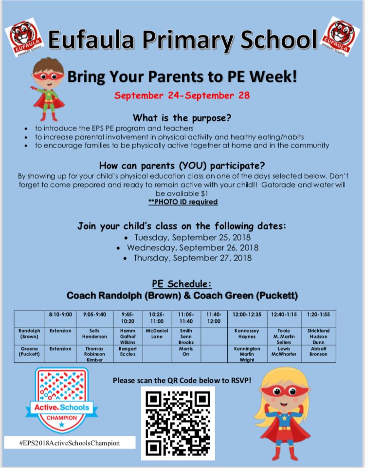 AP_T_Hicks2's tweet photo. Get ready, get dressed, and get fit! Join us September 24-28 for “Bring Your Parents to PE Week” at EPS! Please scan the QR code to RSVP. We can wait to see you! #activeschoolschampionschool #fit #ready #theEPSway #letsmoveschools https://t.co/4Ov95GK0Mg