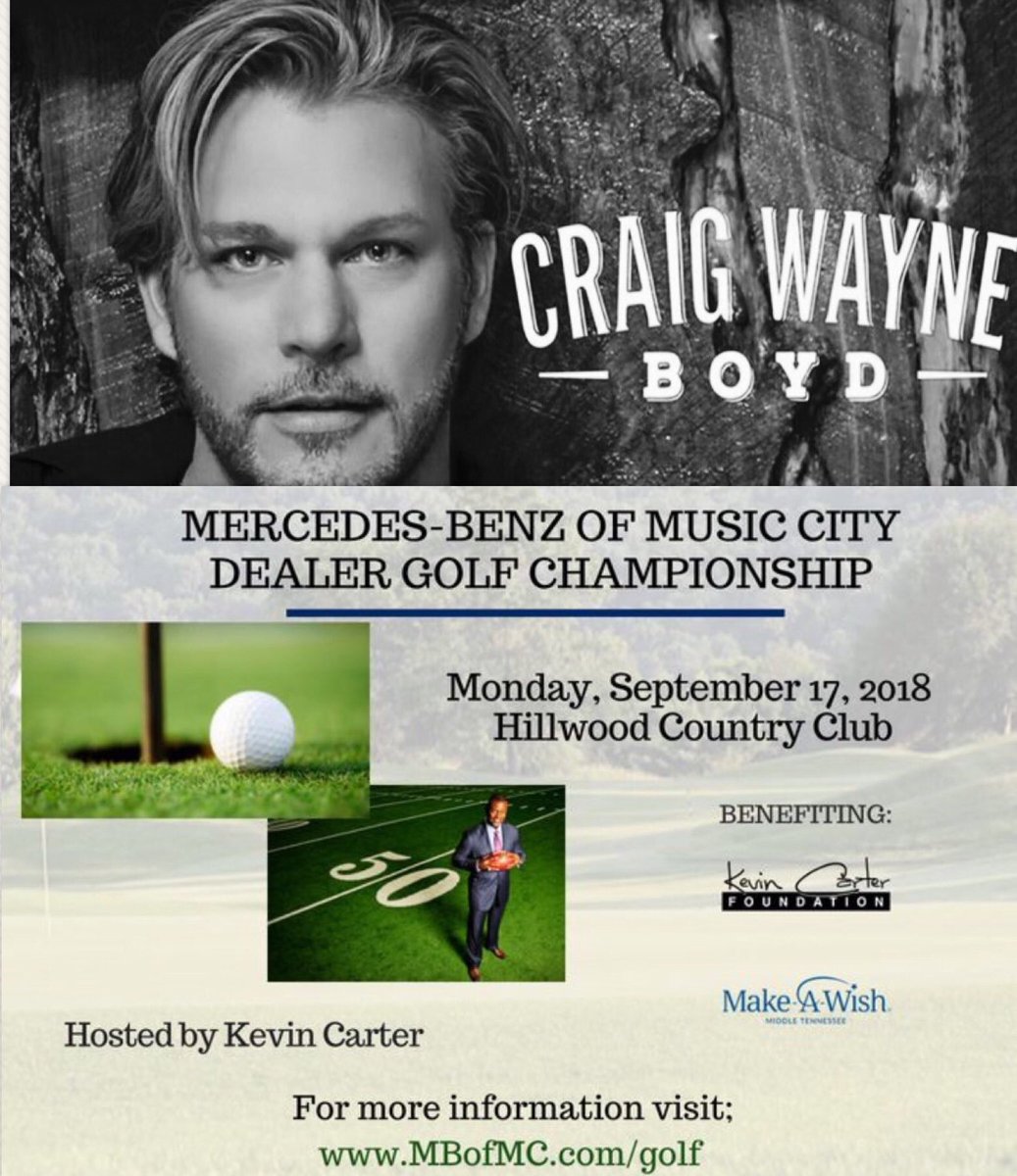 .<a href="/CWBYall/">Craig Wayne Boyd</a> will be swinging to support the Kevin Carter Foundation Golf Tournament. Come join him at <a href="/HillwoodCC/">HillwoodCountryClub</a> #Nashville Mon. 9/17 if for a great cause! #yallers #makeawish 
MBofMC.com/golf
#craigwayneboyd #golf #tennessee #countrymusic #charity #musiccity