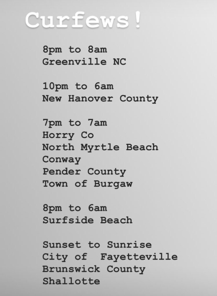FYI: Area curfews shared through a #HurricaneFlorence account...please stay safe and follow guidelines set out by your communities! #beprepared #staysafe