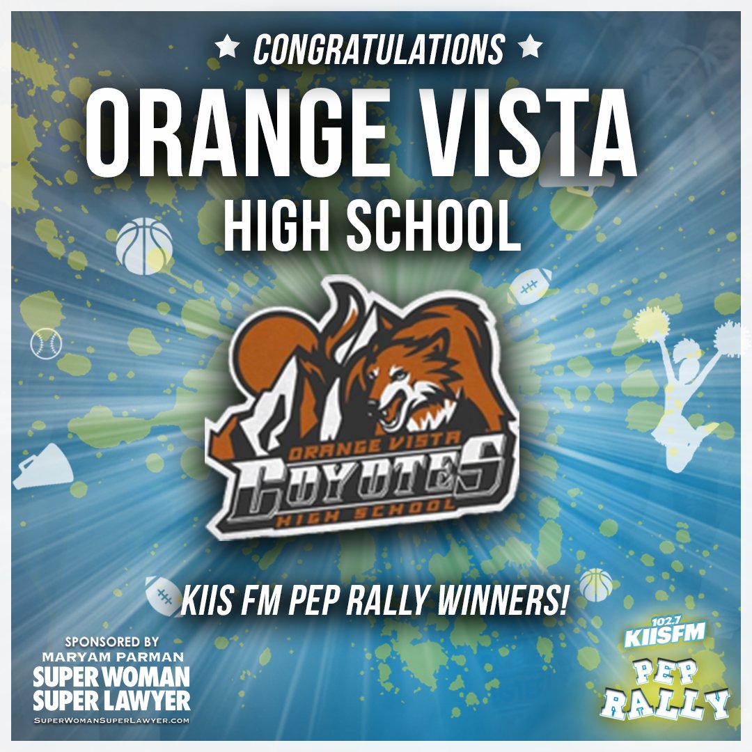 1027KIISFM's tweet photo. CONGRATULATIONS @OrangeVistaHS 🎉! KIIS FM is going to super-size your pep-rally with @DillonFrancis on campus! Thanks to all the schools who participated 📚🙏. Powered by @AvrekLawFirm. #Ad https://t.co/crKT3PgOT4