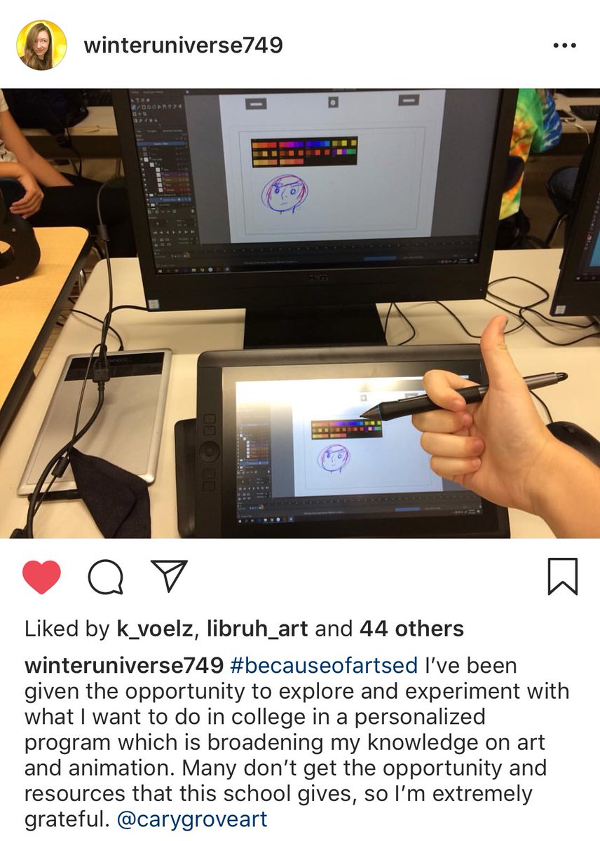 carygroveart's tweet photo. Thanks Sara for posting your #BecauseofArtsEd. We are super excited to have 3 artists working independently on a path of their choice. Sara is teaching herself animation, with a semester end goal of an original animated music video. #staytuned #d155inspire #altlearning https://t.co/eZLEbeEImN