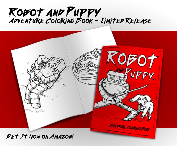 madchops1's tweet photo. Announcing Robot &amp; Puppy: The Coloring Book
Robot &amp; Puppy adventure in each illustration. Some are cute. Others can be intense and scary. Its less stressful to not be OCD about a pattern or specific colors in spots and just enjoy the illustration and the coloring experience. https://t.co/OHv8smeYWn