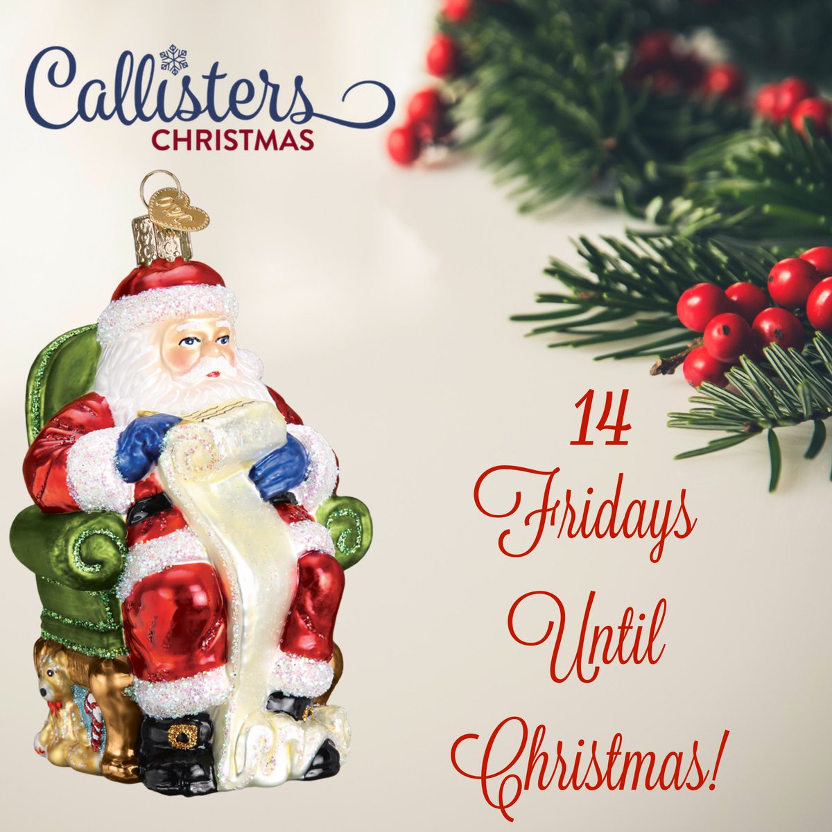 CallistersChr's tweet photo. Santa's checking his list and we are too!  After today there are only 14 Fridays until Christmas! Better start your list now! #ChristmasIsComing #ChristmasCountdown #santa #herecomessantaclaus #christmas #ilovechristmas #makinghislistcheckingittwice https://t.co/GzIe0sFaXa https://t.co/hT7rcxZaBe
