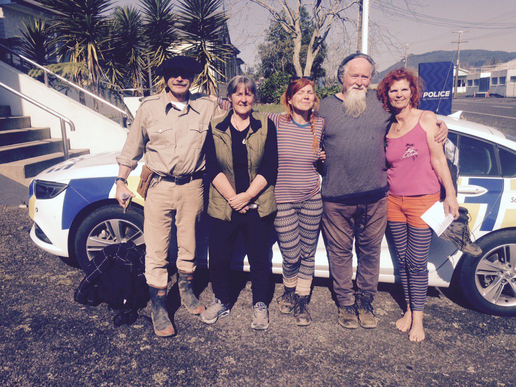 greencatherine's tweet image. The "Karangahake 5" outside the Paeroa police station after processing for "trespass" on DOC land