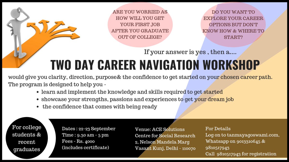 _ACESolutions's tweet photo. #Collegestudents #graduates
"The two day career navigation workshop" is a perfect solution that shows you how to start early & graduate with a degree & job.
Contact @ 9810517943 #careeradvice #getstartedearly #graduatewithadegreeandajob #successroadmap #careernavigationsystem https://t.co/QvNLbNagEr