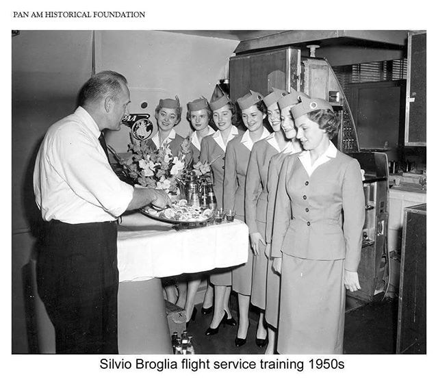 Pan Am In-Flight Service instructor Silvio Broglia showing Pan Am stewardess trainees (and future "pilot wives") 'spoon and fork' serving techniques off the Hors d'oeuvre platter .. #aviation #history#aviationhistory #panam #flightattendant