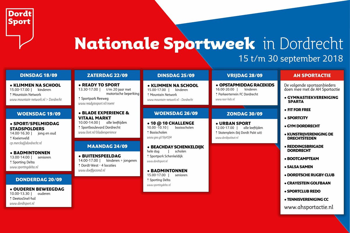 Timverbaas's tweet image. NATIONALE SPORTWEEK DORDRECHT
               🏐🏈🎾🥊⚽🏸🎳Vandaag start de Nationale Sportweek! Ook benieuwd welke toffe activiteiten en sporten je kunt proberen tussen 15 en 29 september? Klik op de onderstaande link of kijk in het onderstaande schema! 
dordtsport.nl/wp-content/upl…