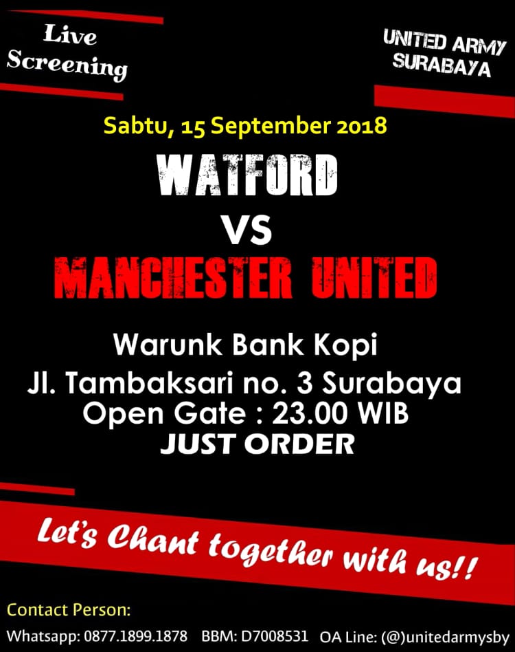 Live Screening United Army Surabaya

Watford vs Manchester United
Sabtu, 15 September 2018
Di Warunk Bank Kopi
Jl. Tambaksari no. 3 Surabaya
(Dekat Gelora 10 November sebelah kanan jalan)
OG : 23.00 WIB
HTM : Just order

#unitedarmysby #unitedarmy #ggmu #mufc #unitedday