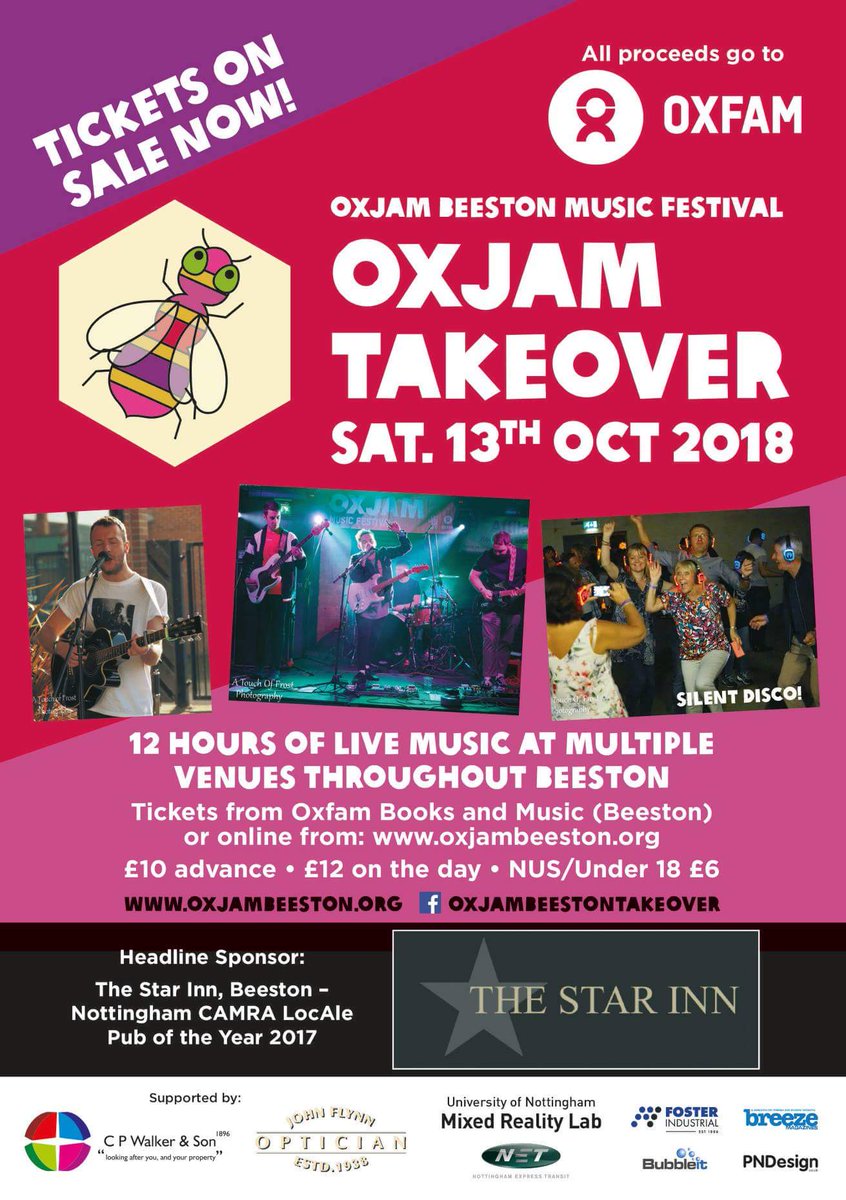 OxjamBeeston's tweet photo. The #Oxjam #Beeston Team will be outside Oxfam Books &amp; Music from 11am till 1pm today! Come and say hello. Tickets on sale!!! #ng9 https://t.co/FOii5EfRW1