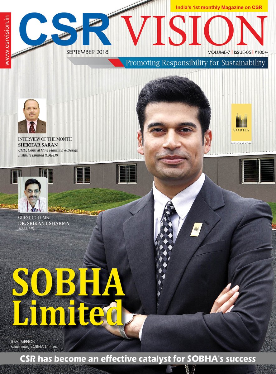 CsrvisionInfo's tweet photo. CSR VISION September COVER STORY ON @SobhaLtd 
Grab your copy to know more about SOBHA and the vision of the chairman 
#CSRVISION#SEPTEMBERISSUE #RESPONSIBILITY #SUSTANIBILITY https://t.co/DVfh01Nwob