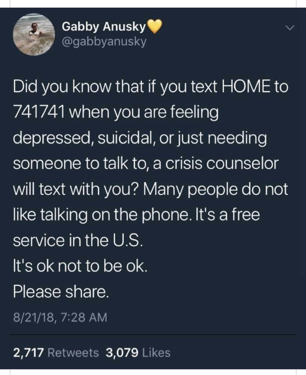 MyAHalanon's tweet photo. Text HOME 741741 if you need someone to talk. #Retweet https://t.co/PnFkFf3sed