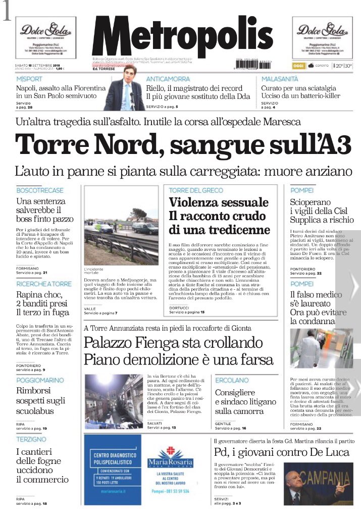 metropolis_web's tweet photo. La prima pagina edizione #torrese in edicola oggi https://t.co/bXAP0WnCOb