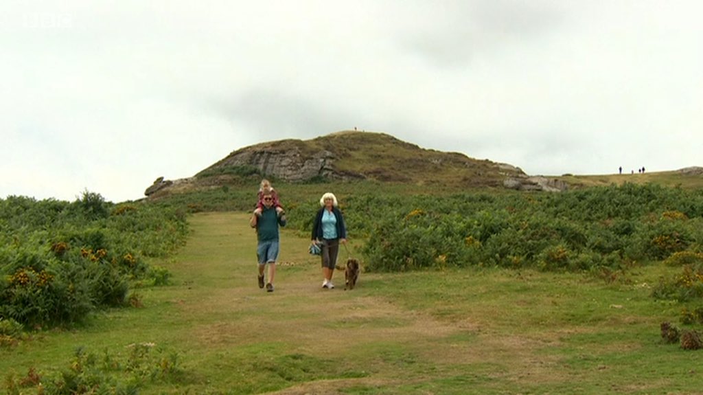 Barbaraswalking's tweet photo. Caught on camera with my son and granddaughter + Samson-seen on Spotlight @BBCSpotlight last night. #SaddleTor @dartmoornpa @RamblersGB https://t.co/Ol01VdDzTr