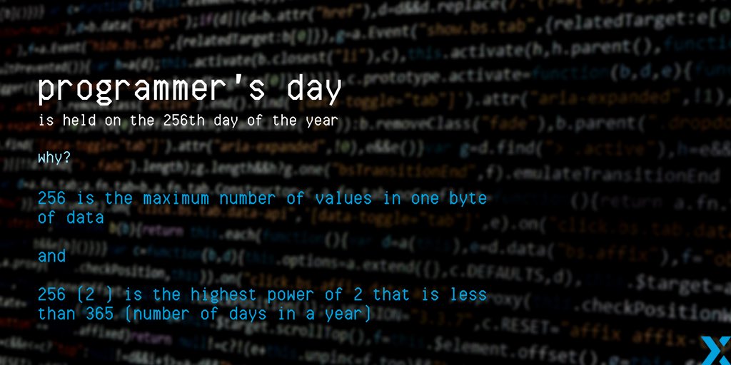 لماذا اُختير اليوم 256 هو اليوم العالمي للبرمجة ضمن أيام السنة؟؟! 
👩🏻‍💻👨🏻‍💻0️⃣1️⃣

#programmers_day 
#KKUcoding
#جامعة_الملك_خالد