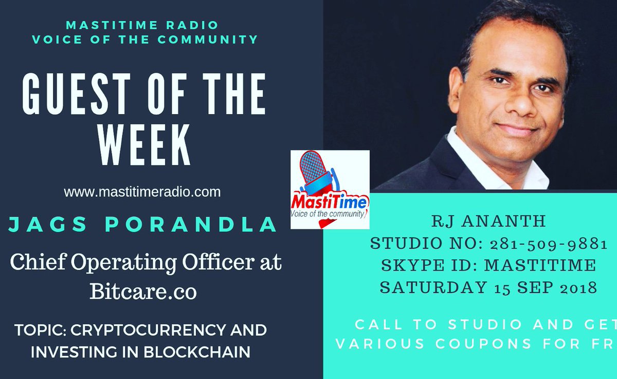 mastitimeradio's tweet photo. Guest of the week - Jags Porandla , chief operating officer at https://t.co/uwmnFhlWdU will be on air from 9am to 11am Saturday with RJ ananth #bitcoin #blockchain #cryptocurrencynews https://t.co/RAtsRbotHj