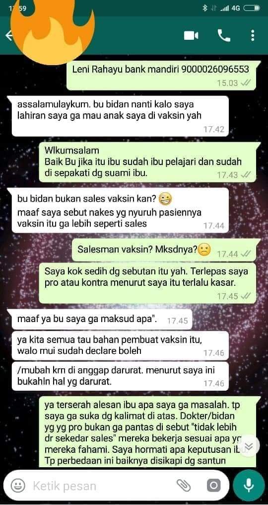 Inilah tanya jawab lewat whatApps antara seorang bidan dengan ibu yang akan melahirkan, terakit penolakan vaksin MR.