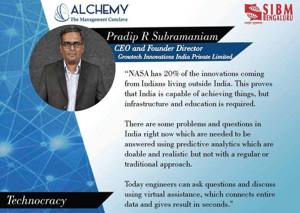 SIBMBengaluru's tweet photo. Mr. Pradip R. Subramaniam, Panelist, Technocracy, spoke about the problems and questions in India right now, which need to be answered using predictive analytics.
#Alchemy2018 #Technocracy
#GearUp For Progress https://t.co/KT9GdHl7Nc