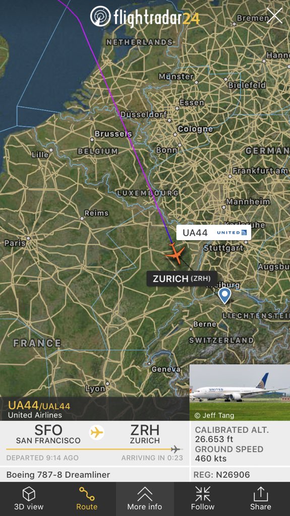 FlightIntl's tweet photo. United flight #UA44 from San Francisco to Zurich has become the longest transatlantic biofuel flight to date - the flight was operated with 16,000 gallons of biofuel at a 30/70 blend with conventional jet fuel https://t.co/QgpMxdipbm https://t.co/eUmphzGaBL