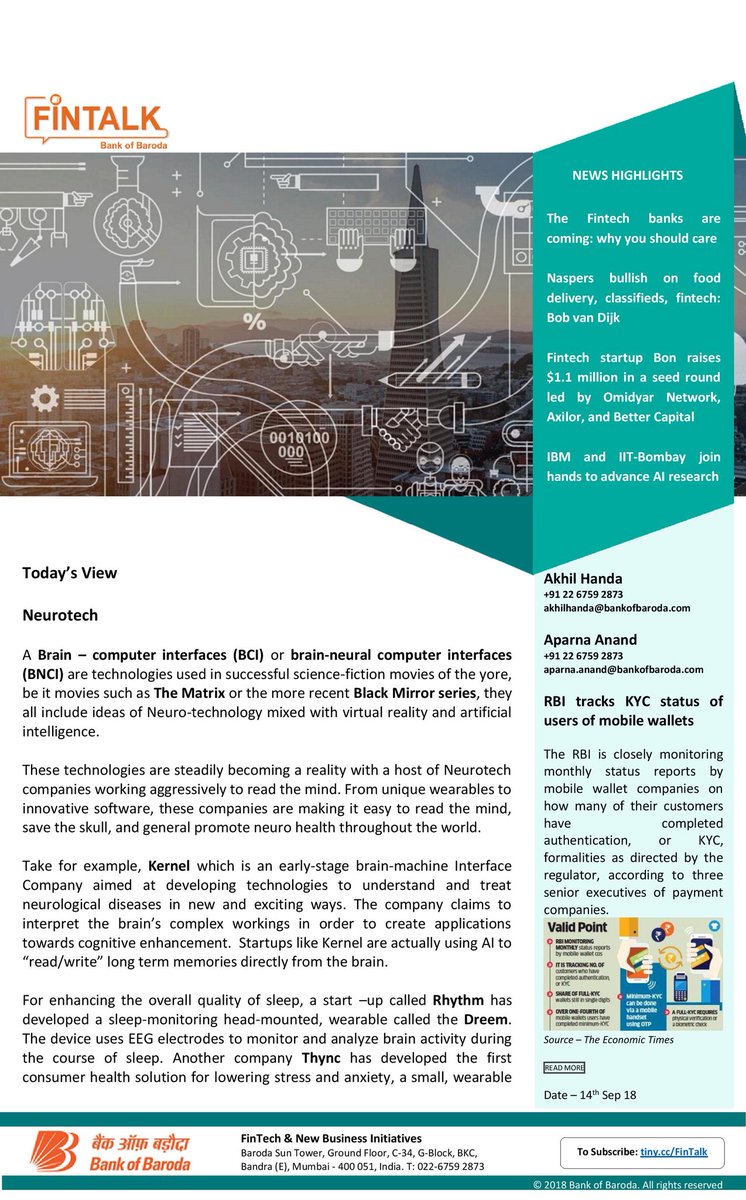 bankofbaroda's tweet image. Neurotech – A Brain-Computer Interfaces (BCI)! Read more about it in today&apos;s Fintalk!
Subscribe here to get more such #Fintech updates:
bit.ly/BoB_FinTalk  

#Rhythm  #Thync #G-Therapeutics #Synchron
@navitweet321 @aquarianaparna