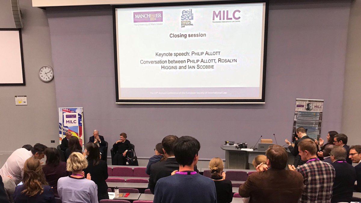 malcyjorgy's tweet photo. Dame Rosalyn Higgins on Prof. Philip Allott: “Philip and I have known each other since time immemorial...before the automobile was invented and everyone wore animal skins”. Standing ovations for both at #ESIL18 closing session https://t.co/VBtu1JRiva