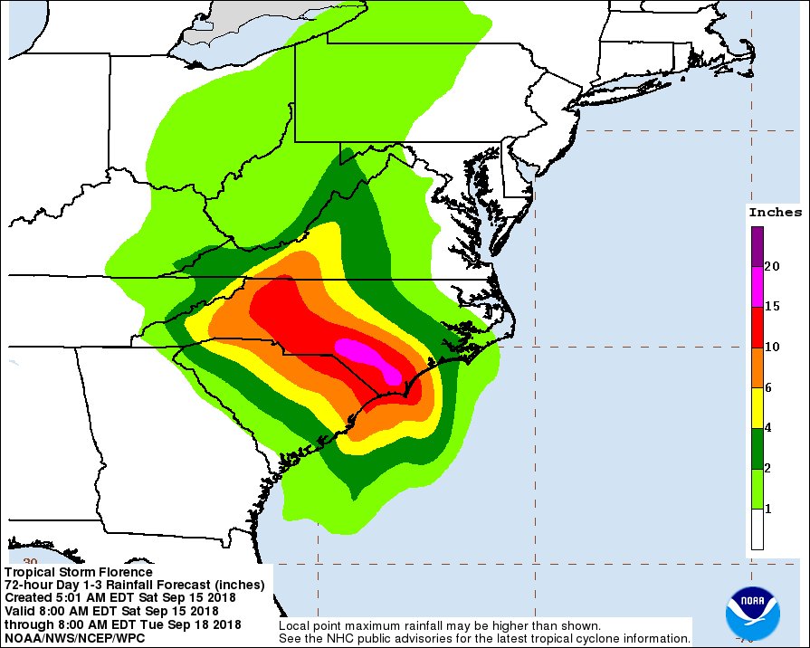 NWS's tweet image. It may be hard to believe...but there's MUCH more rain to come.
Parts of the Carolinas will see more than 15 inches of additional rain in the next couple of days. #Florence