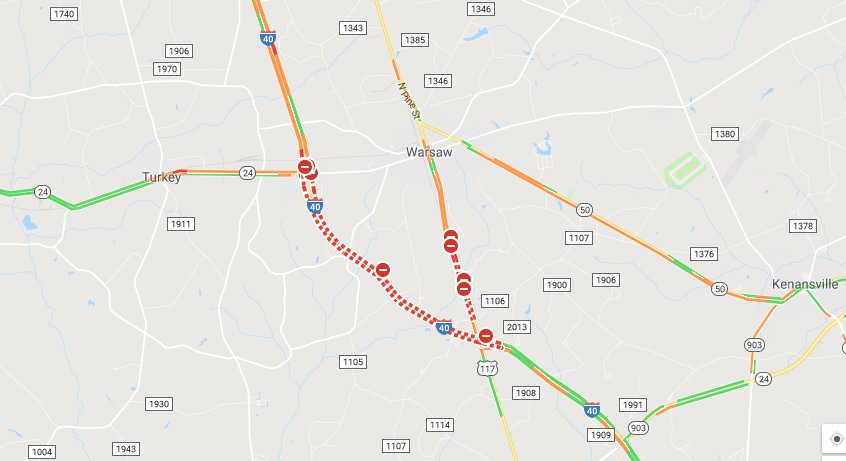 NCDOT_I40's tweet photo. ⚠️ I-40 is closed north of @CityofWilm near Warsaw between exits 364 and 369 due to flooding. #FlorenceNC https://t.co/Yrw5fTBYuH