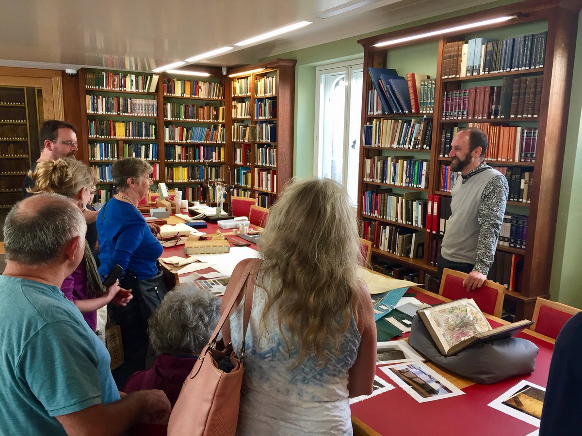 ParkerLibCCCC's tweet photo. Flavio Marzo, Head of Cambridge Colleges’ Conservation Consortium, holds court to a captivated audience, utterly enthralled by his discussion of #conservation & #preservation of #SpecialCollections & the making of #medieval #manuscripts & #earlyprinted #books! #OpenCambridge2018 https://t.co/wnYWIgNrTI