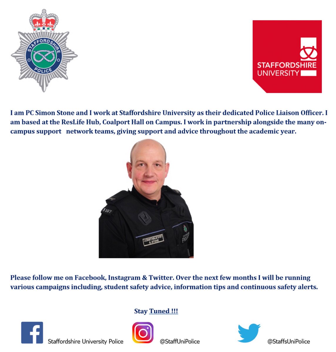 StaffsUniPolice's tweet photo. A big #StaffsWelcome to new and returning students to @StaffsUni🤗.
I will on campus throughout the week with #CampusControl and colleagues in the police media bus outside of the #LRV. Pop across to see us !!!
#Copshop18 #PoliceShelton #StokeSouthNPT
Please RT https://t.co/PYYmVQmBEl