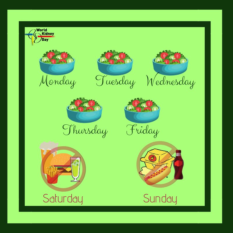 worldkidneyday's tweet image. Do you recognize yourself in this pattern?
Stop your weekend #CheatDays! A #HealthyDiet is about #Balance and not #FoodDeprivation and/or #OverEating. Talk to your #Doctor or #Dietician to have a #PersonalisedDiet, based on your specific needs.

#SaturdayMood #WorldKidneyDay