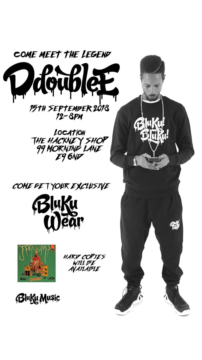 Pop down if your about 

Catch Blukuwear @thehackneyshop, 
supporting the culture week.
Catch myself down there signing copies of my album JACKUUM.

Big up @dicerecordingsltd And @married2musicrecordz 🙌🏾