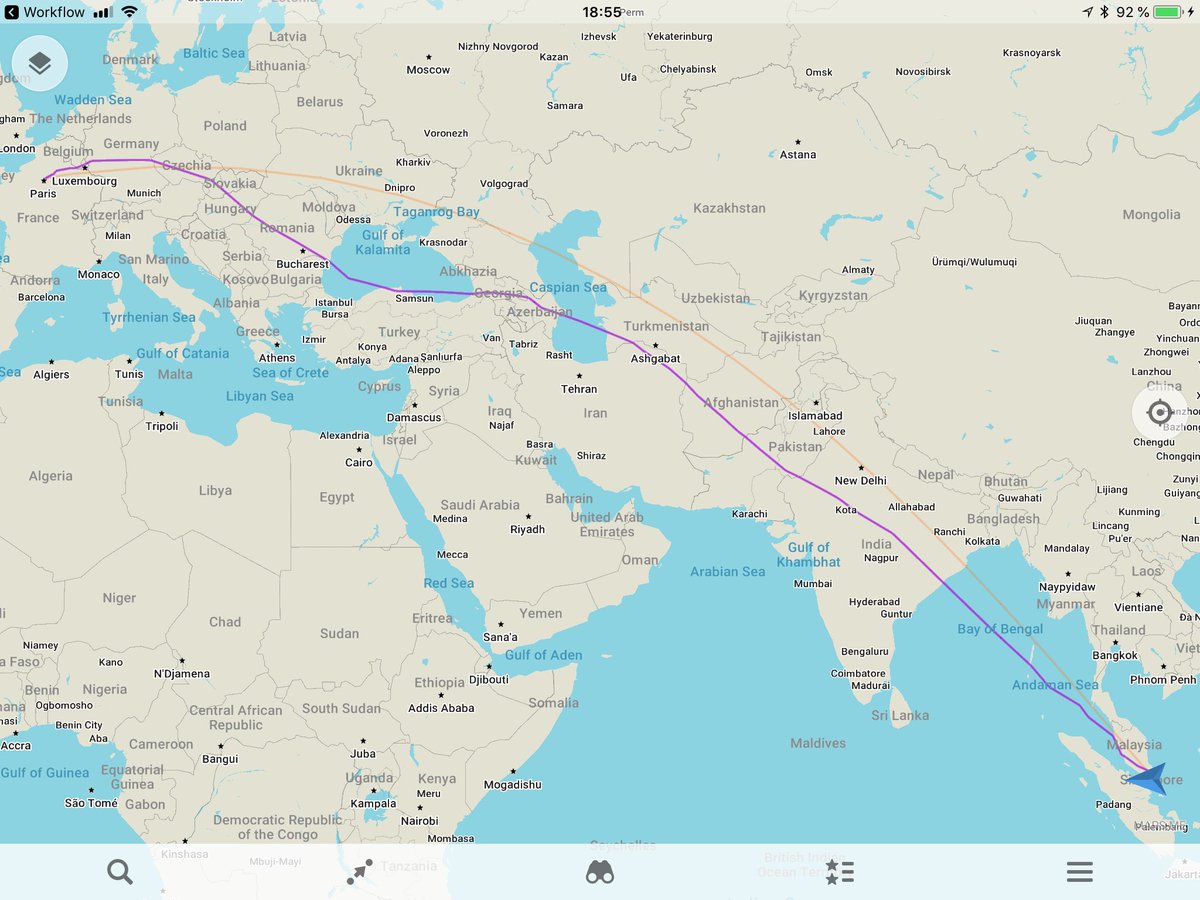 pascalrs's tweet photo. Here is the route for #AF257 SIN-CDG tonight. 12h52m of flight, entirely by night. Take off at 344t, which is the maximum take off weight for this @BoeingAirplanes 777-300ER. https://t.co/rNeQQMawtz