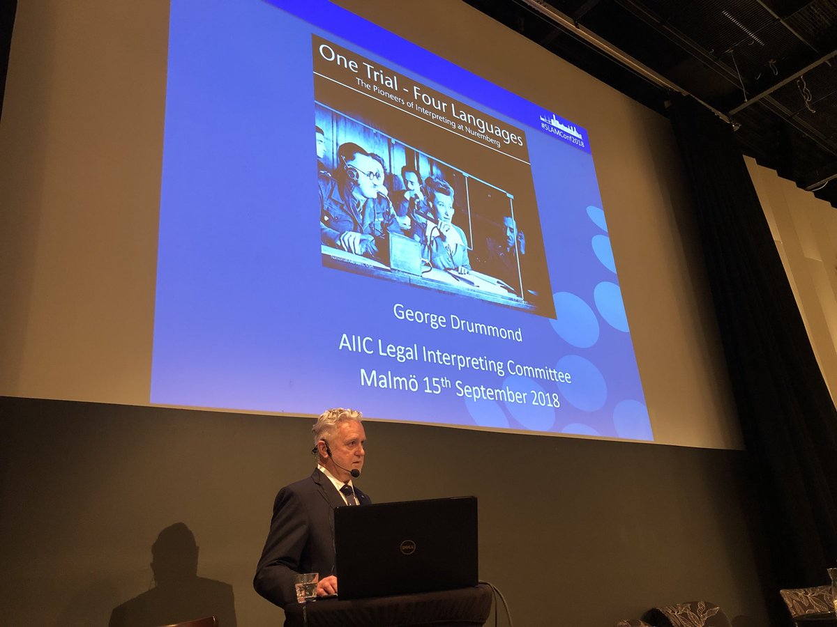 amclind's tweet photo. Last speaker of #SLAMConf2018 - George Drummond - “One Trial - Four Languages” - the birth of simultaneous #interpretation! #i9n https://t.co/5ffFC6saFZ