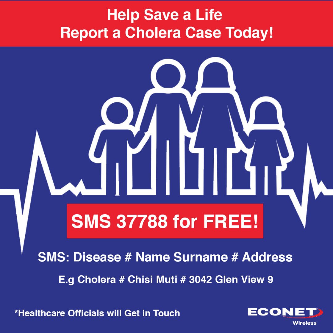 #CholeraAlert - If you suspect someone has #cholera SMS the following to 37788 Disease # Name Surname # Address Healthcare Officials will then get in touch to assist Make use of this #FREE service & help save a life today! RT for Awareness