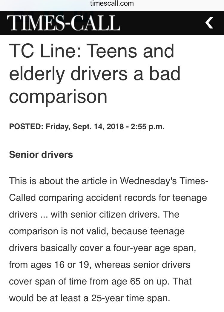 MaddiesMove's tweet image. Letter to the editor (author unknown): “...teenage drivers basically cover a four-year age span, from 16 to 19, whereas senior drivers cover a span of time from 65 and up...”

A vision test every 8 years is not enough. #DMVreform #MaddiesMove