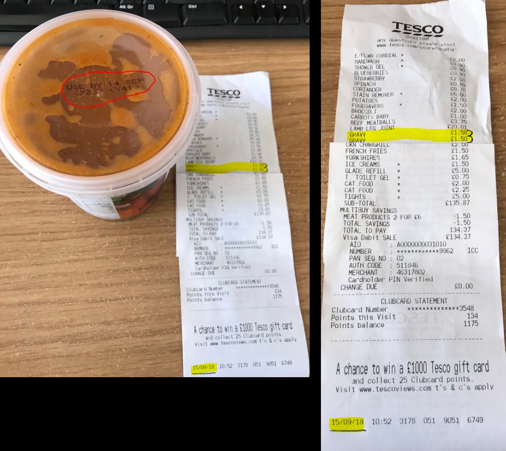Big__Russ's tweet photo. @Tesco What do your staff at the Shoreham By Sea Tesco Extra do? They certainly don't check the dates on products - see the attached image. #FoodStandards #DirtyTesco #WhyYouTryKillMe https://t.co/huyPxrb4pl
