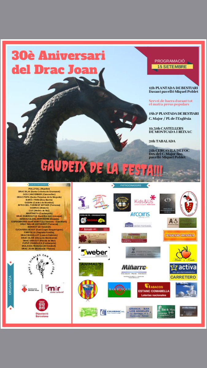 Estem d'aniversari a #MontcadaiReixac 25 feres per cel°lebrar 30 anys del #DracJoan dels <a href="/diablesCSJoan/">diablesCSJoan</a> #PerMoltsAnys #SomLaFesta #FokalaBestia #DracDragut <a href="/DiabolusMusicae/">Diabolus Musicae</a> <a href="/xavieramor/">Xavier Amor</a> <a href="/santiagomacip/">Santiago Macip</a> <a href="/Biosca13e/">Sílvia Biosca Estopà</a> <a href="/soniamoraleda/">sonia moraleda</a> <a href="/RadioPinedaFM/">Ràdio Pineda</a> <a href="/visitpineda/">Visit Pineda de Mar</a> <a href="/pinedademar/">Ajuntament de Pineda</a> @Startecnia