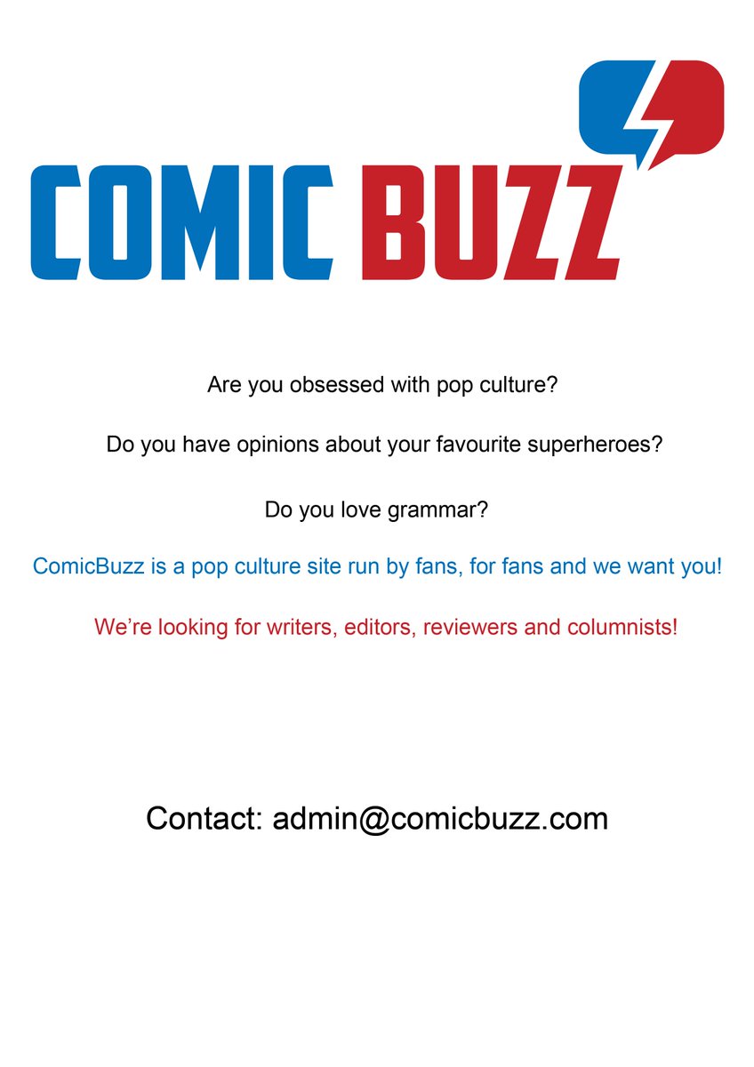_comicbuzz's tweet photo. We are looking for talented and passionate people to join the ComicBuzz team! #writers #editors #reviewers #columnists #comics #games #movies #popculture #ComicBuzz #NeverMindTheBuzzCast https://t.co/jyKx1Bj73r